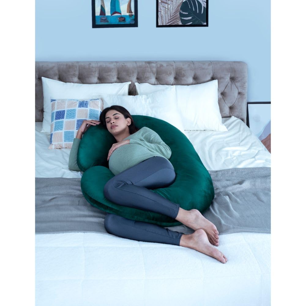 Wakefit Pregnancy Pillow | 3 Month Warranty | Velvet C-Shape Maternity Pillow for Pregnant Mothers, Pillow for Pregnant Women | Peacock Green