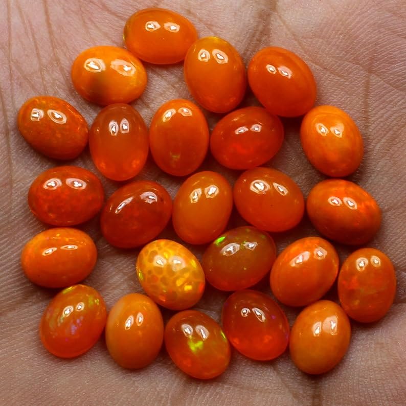 Lot de 5 cabochons d'opale éthiopienne orange de qualité AAA, 5 cabochons ovales d'opale éthiopienne naturelle pour la fabrication de bijoux - 8 x 10 mm, 8x10 mm, Gemme
