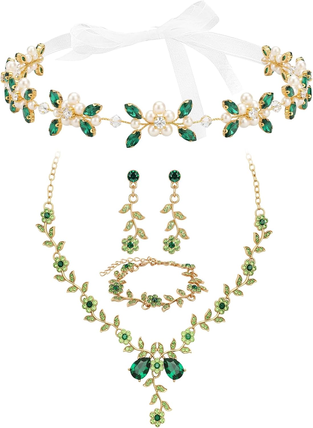 Unittype 4 Pcs Women's Wedding Prom Jewelry Set Leaf Cluster Flower Crystal Dangle Earrings Bracelet Pendant Necklace Pearl Headpiece for Bridal Bridesmaid Weddings Engagements Birthday Party