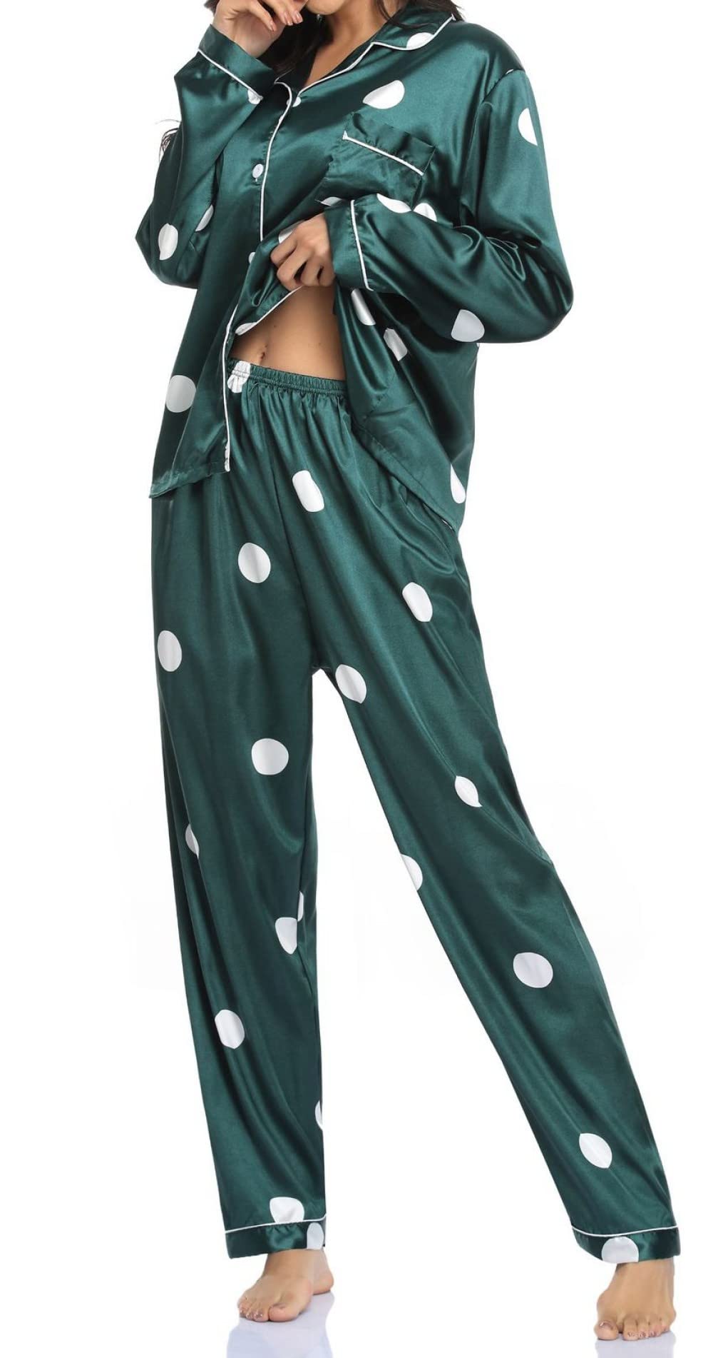 Pijamas Para Mujer Conjunto De Pijama De Poliéster Con Estampado De Solapa Verde Para Mujer Conjunto De Dos Piezas De Pijama De Manga Larga Cómodo Regular Para Mujer Regalo De Festival Adecuado Pa