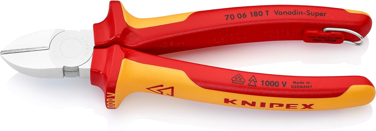 KNIPEX Tronchese laterale in blister cromata isolante con manici rivestiti in materiali bicomponente, collaudati VDE; con anello di, 70 06 180 T BK