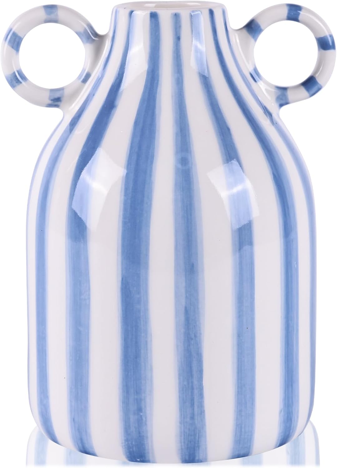 Blue and White Ceramic Vase with Handle, Nordic Boho Small Vases Side Table Flower Centerpiece, Wide Mouth Single Flower Vase Pampas Grass Decorative - for Home Window Sill Living Dining Room Kitchen