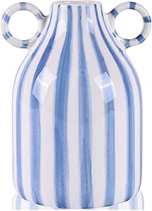 Vaso Cerâmica Azul E Branco Com Alça - Decoração Nórdica Para Flores
