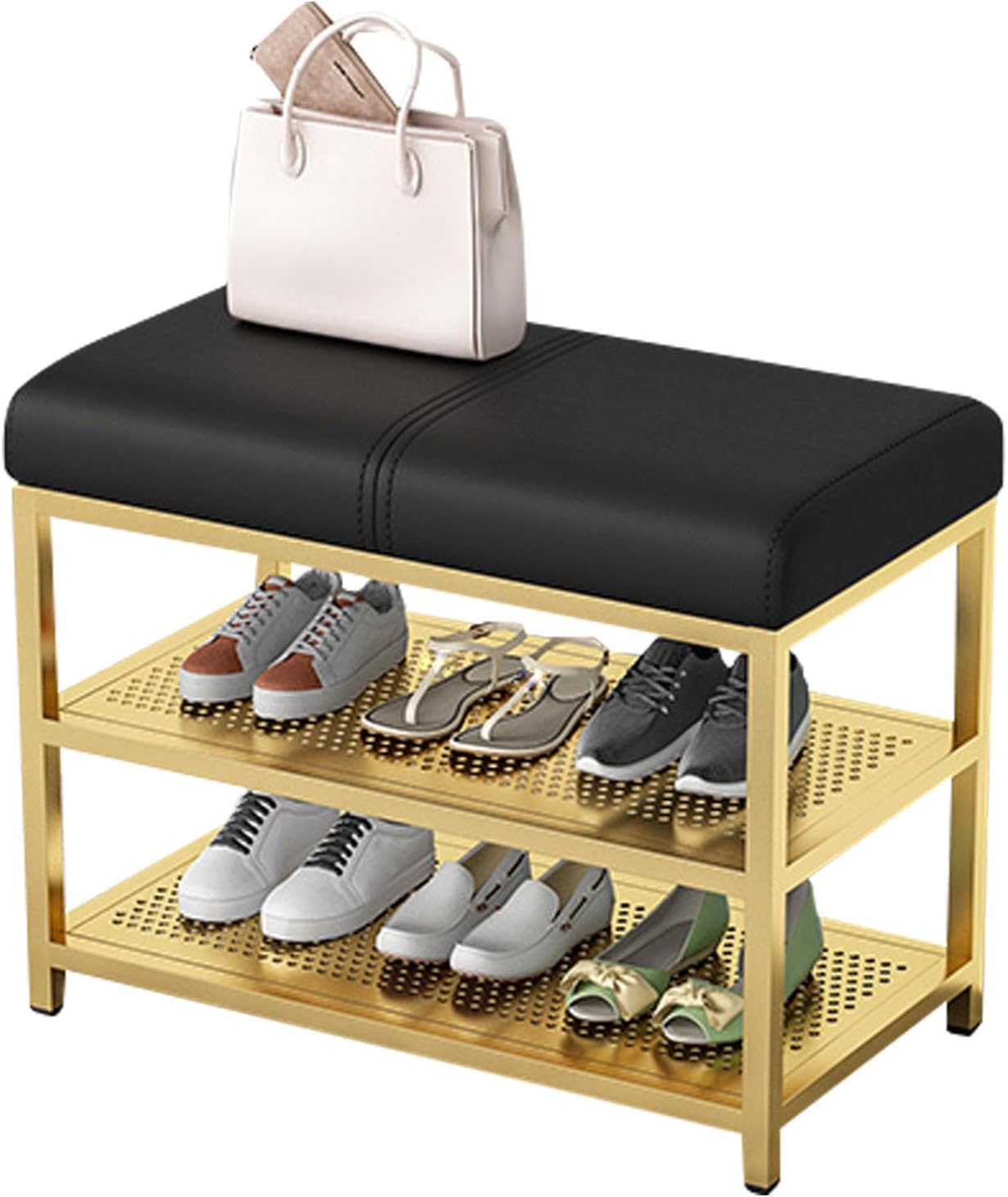 EsEntL 2Tier Shoe Bench, Padded Shoe Rack with Padded PU Leather Seat