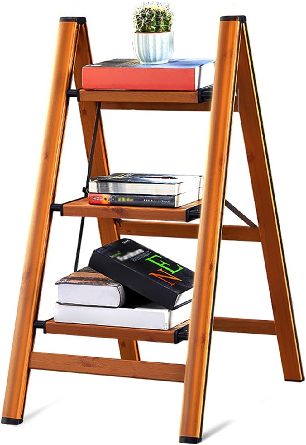 Steps Stool Ladder Wood Grain Aluminum Lightweight Folding Multifunctional Flower Shelf for Indoor Outdoor, Portable Step Ladder Stool for Home Kitchen Space Saving
