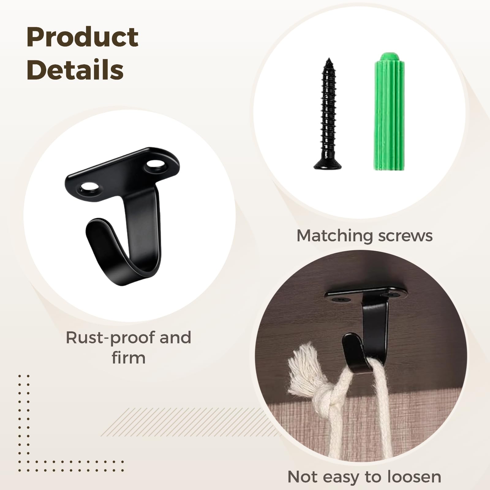 50 ganci in acciaio inossidabile nero con 100 viti e ancoraggi, ganci da soffitto da 3,6 cm, rivestiti di nero, ganci a vite da parete per casa, cucina