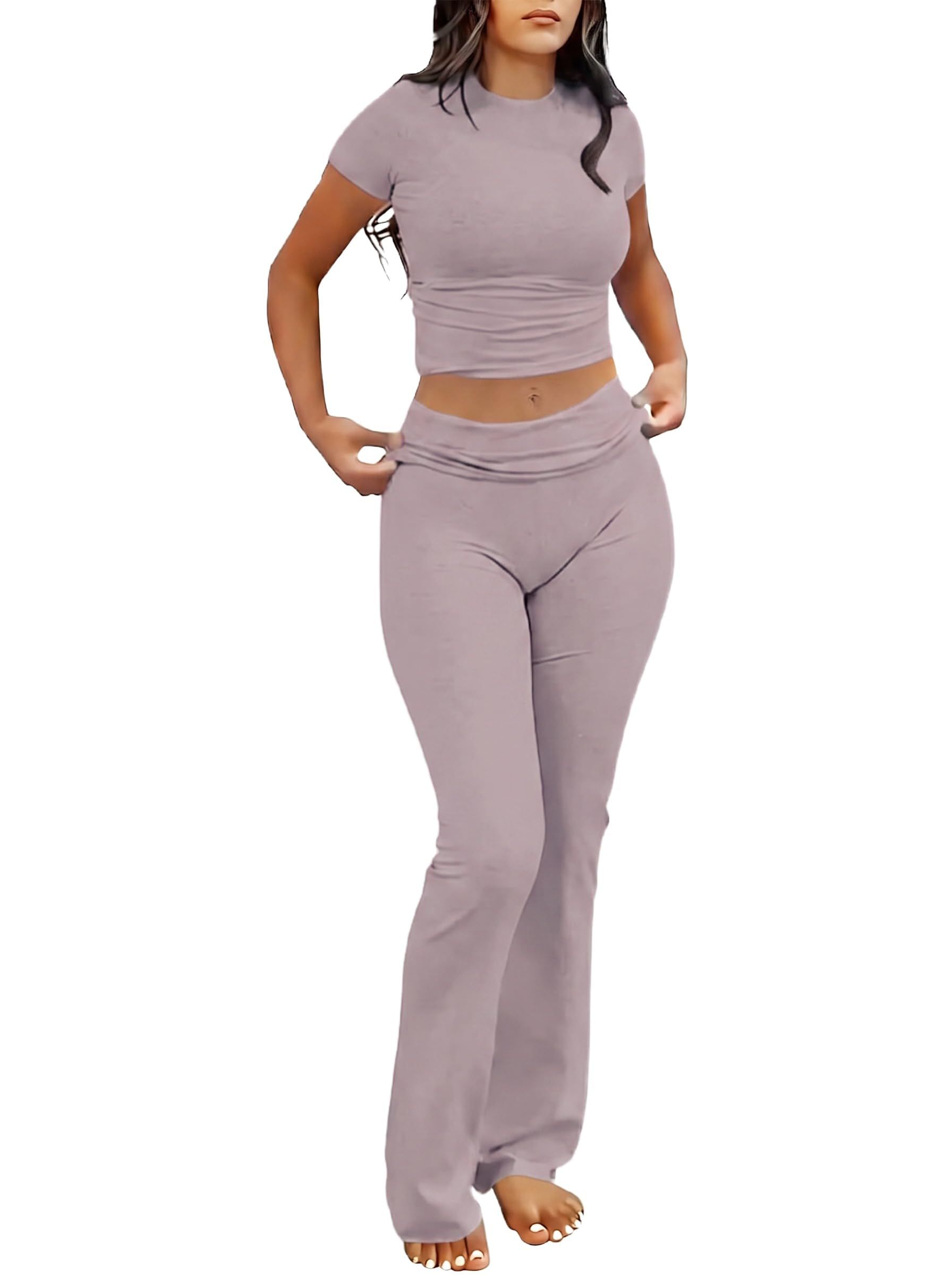 IWOLLENCE Lounge Set Damen Zweiteiler Hausanzug Kurzarm Oberteil mit Breitem Elastischem Hosenbund Schlaghose Loungewear Set