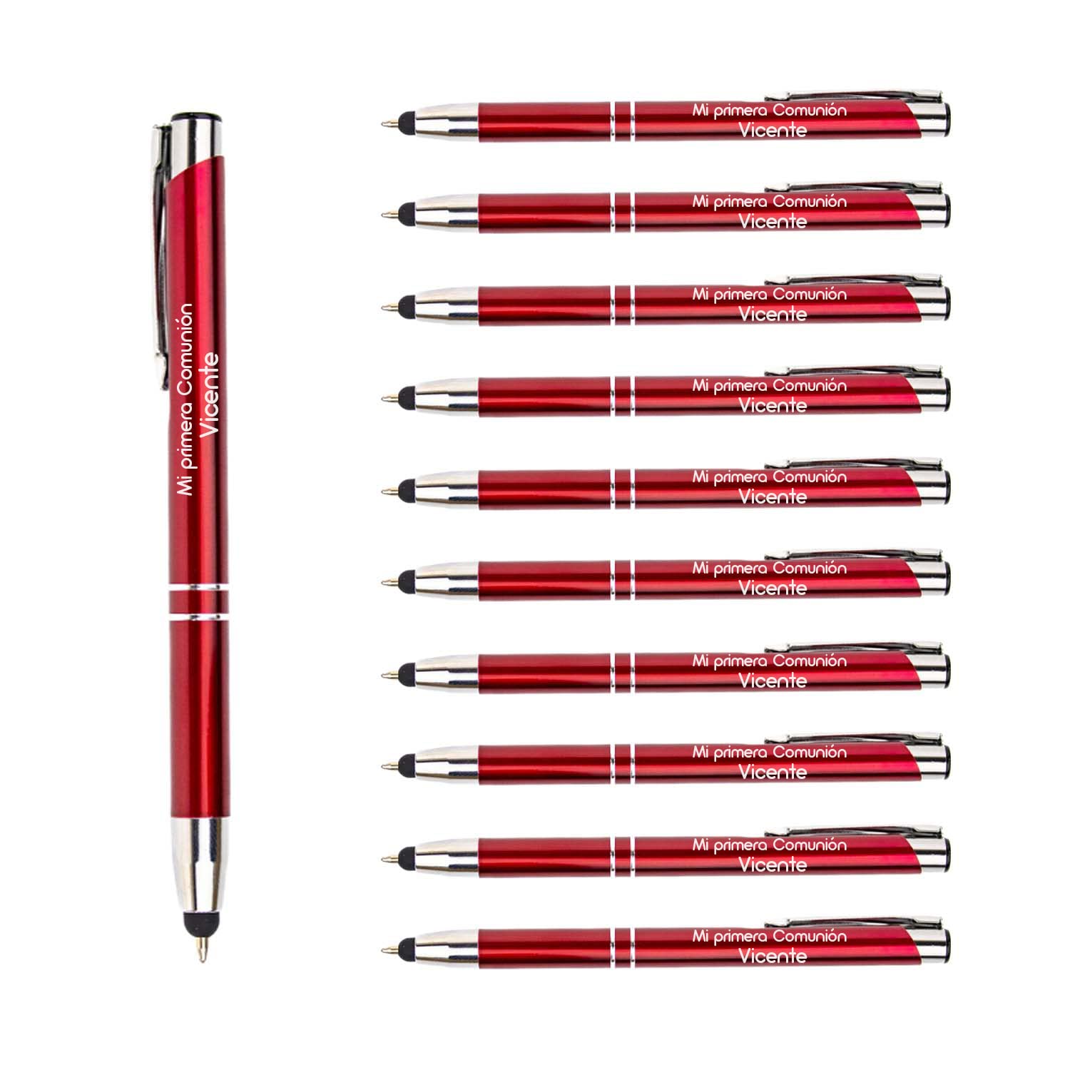 Packs 50 bolígrafos PERSONALIZADOS con texto o nombre | Color rojo y puntero para dispositivos móviles | Grabado a láser | Lote bolígrafos publicitarios y merchandising, eventos: comuniones, bodas.