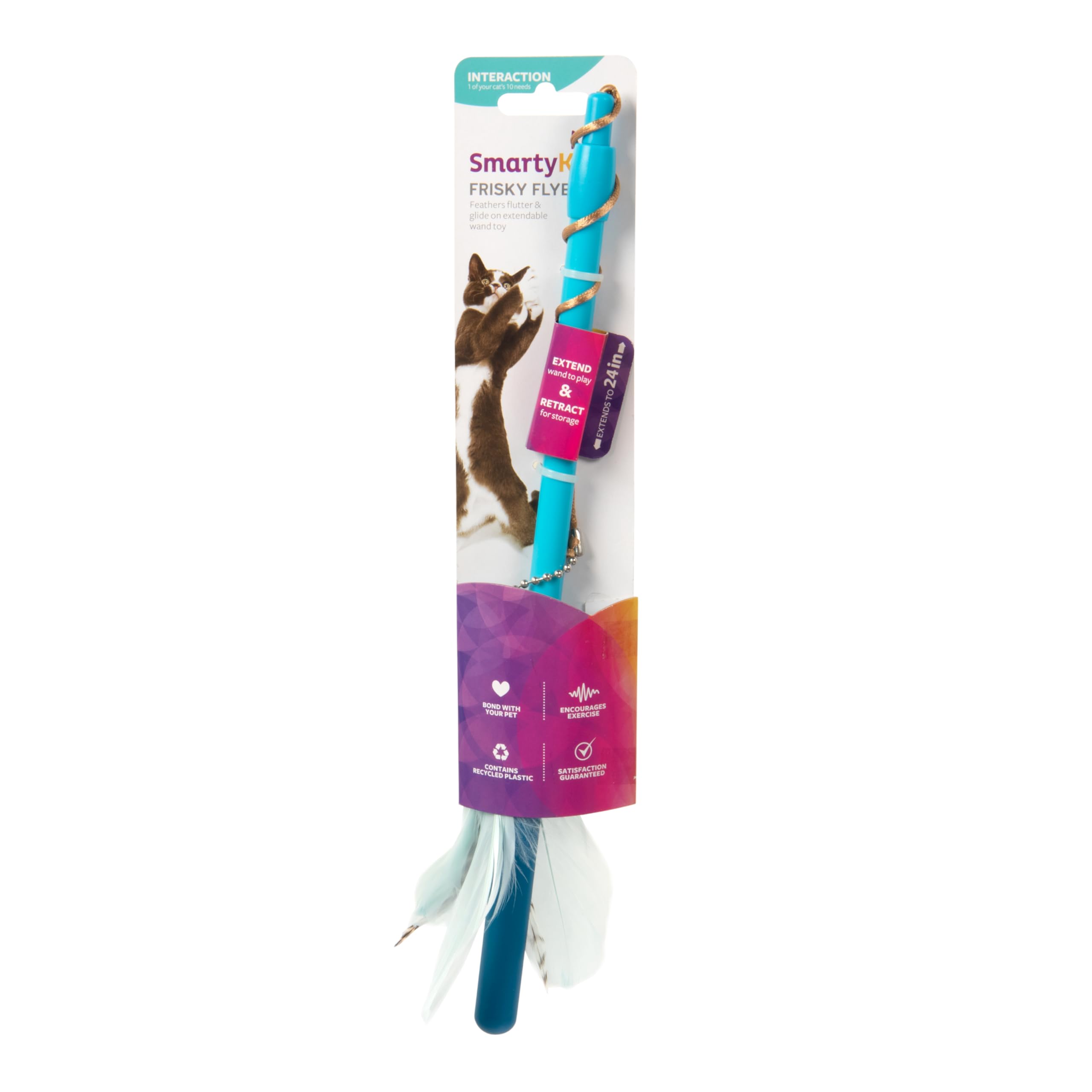 SmartyKat Frisky Flyer Feather Wand Cat Toy, Extendable Up to 24" - Blue, One Size