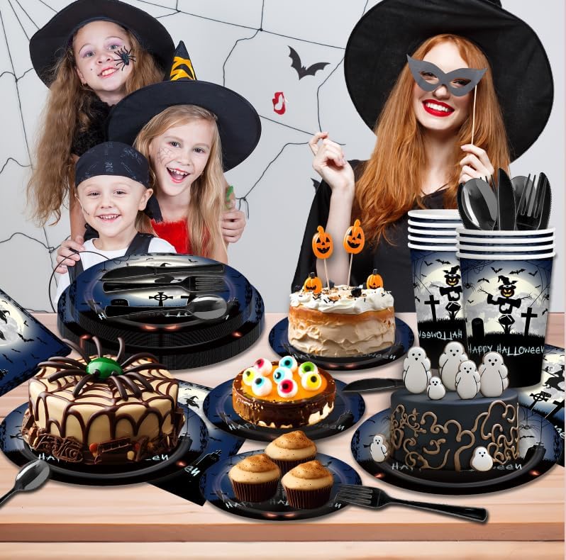 Miniatura 7 de 100 platos y servilletas de Halloween para fiestas, 25 platos de papel de Halloween de 9 pulgadas y 25 platos de fiesta de Halloween de 7 pulgadas,
