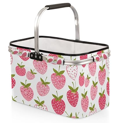 Skonsati Folding Picnic Basket Strawberry Large Reusable Shopping Basket Collapsible Grocery Tote Bag with Handle & Aluminum Frame for Picnic Beach Pool Festival