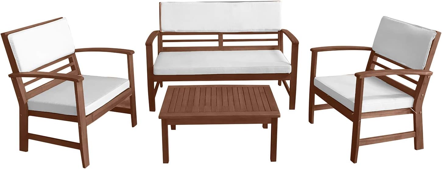 4-Piece Acacia Wood Outdoor Seating Set with White Cushions