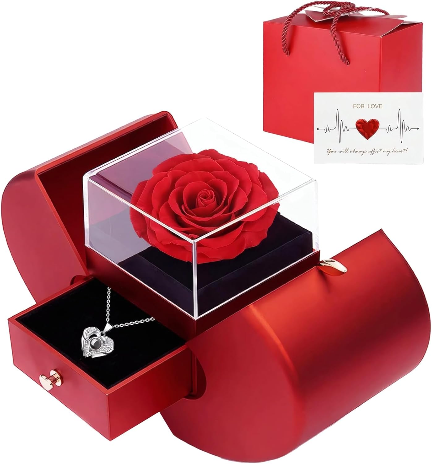 Real Preserved Rose with I Love You Necklace, 100 Language Recognition, Heart Chain, Unique Gifts for Valentine's Day, Stunning Red Box, 8.5 X 3.5 X 4.7 in