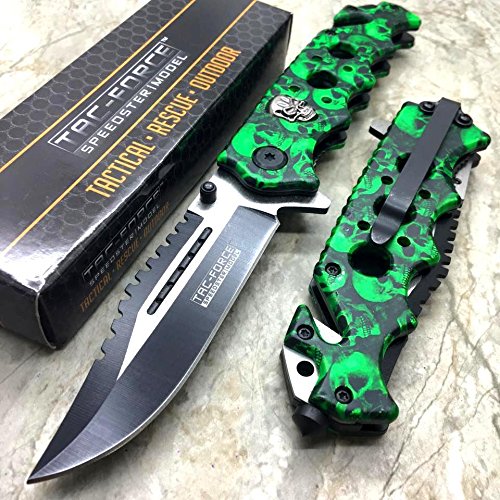 Tac Force Assisted Opening Rescue Glass Breaker Bright Green Skull Design Hunting Camping Tatical Pocket Knife
