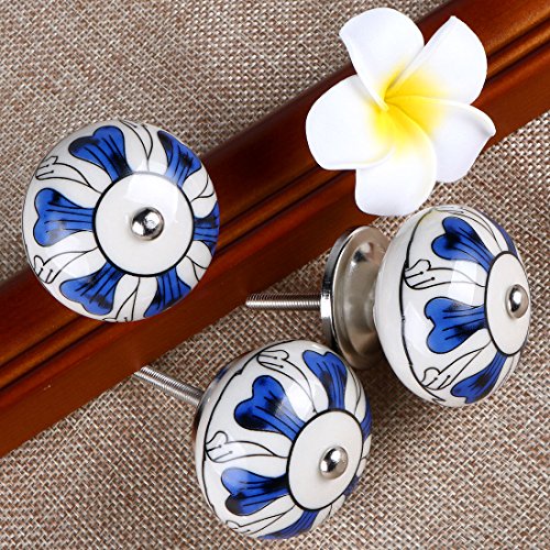 Uxcell 6 Pieces Vintage Shabby Knobs Blue And White Floral Hand Painted Ceramic Pumpkin Cupboard Wardrobe Cabinet Drawer Door Handles Pulls Knob, Cattleya #TOP4