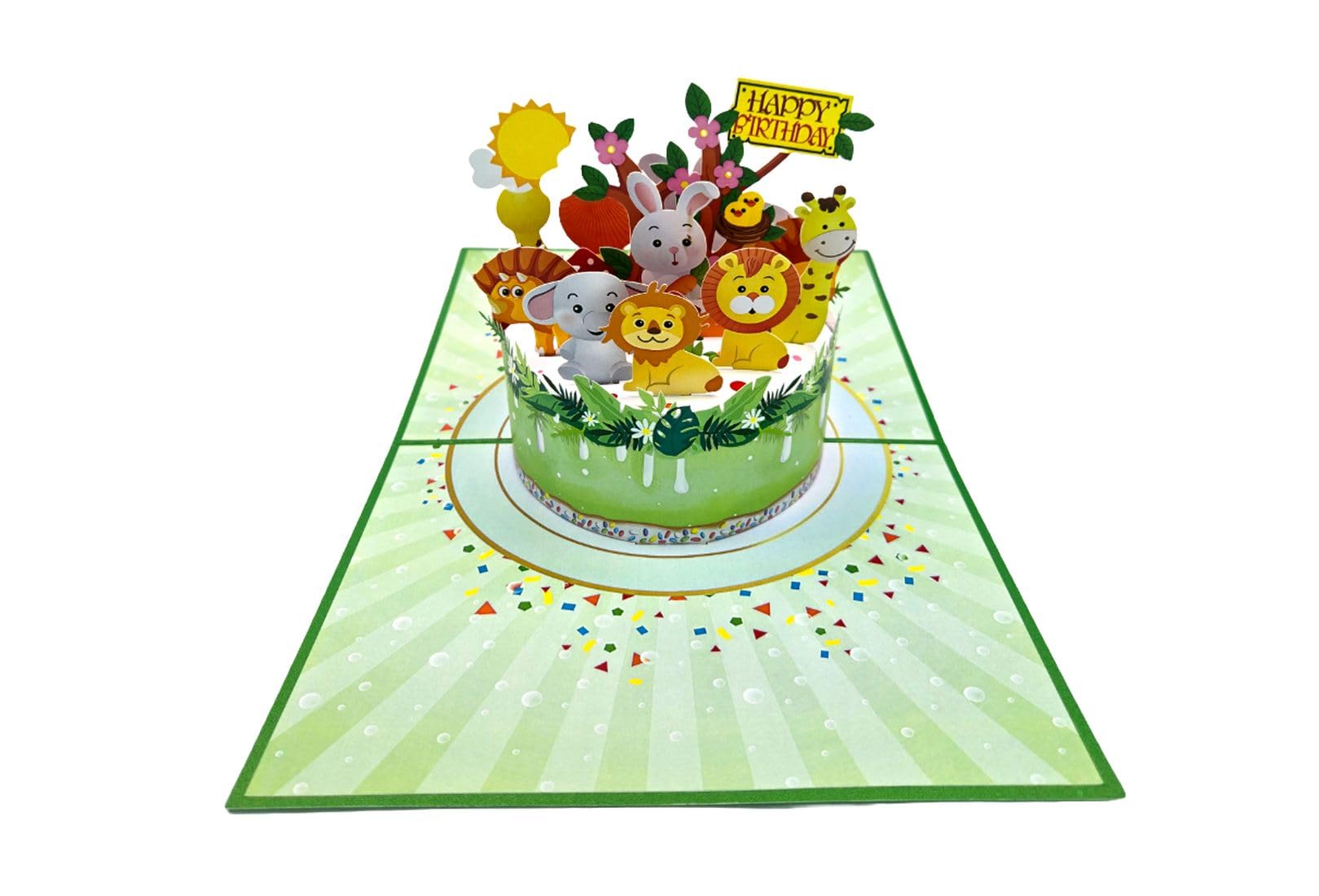 Biglietto di auguri pop-up 3D Animali sulla torta Compleanno bambini 15 x 20 cm Safari Animali con busta