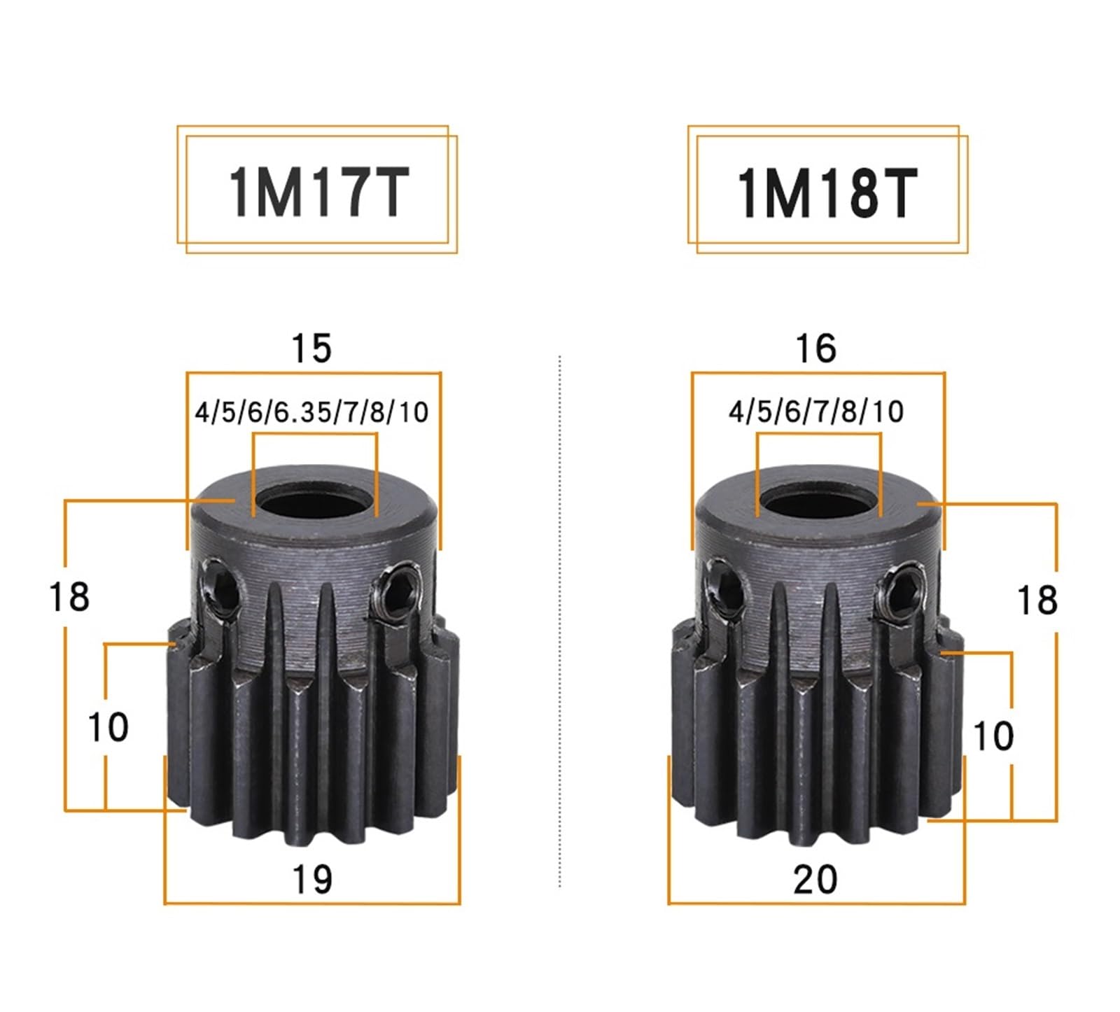 Bevel Gear Pinion Hardware Mechanical 1 Module Gear 1M-17T/18T Carbon Steel Blackening Spur Gear Bore Size 4/5/6/6.35/7/8/10mm Transmission Accessories(1M17T-6.35mm)