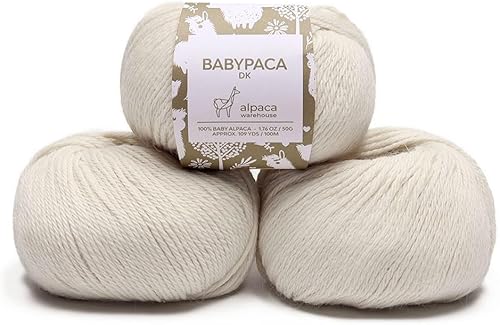 Juego de 3 madejas 100% de lana de alpaca bebé (5.25 onzas), peso DK, fabricadas en Perú, celestial suave y perfecto para tejer y tejer (blanco