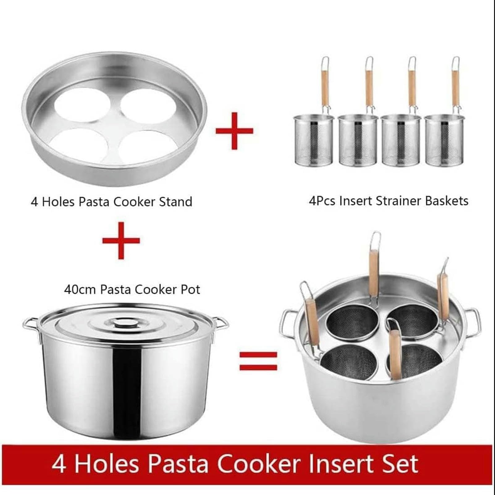 SAeWare Caldera de fideos comercial multifuncional y olla para pasta con colador de colr – Olla de acero inoxidable para cocinar pasta, veterinarios, patatas y huevos duros, diseño de 3 agujeros, 4