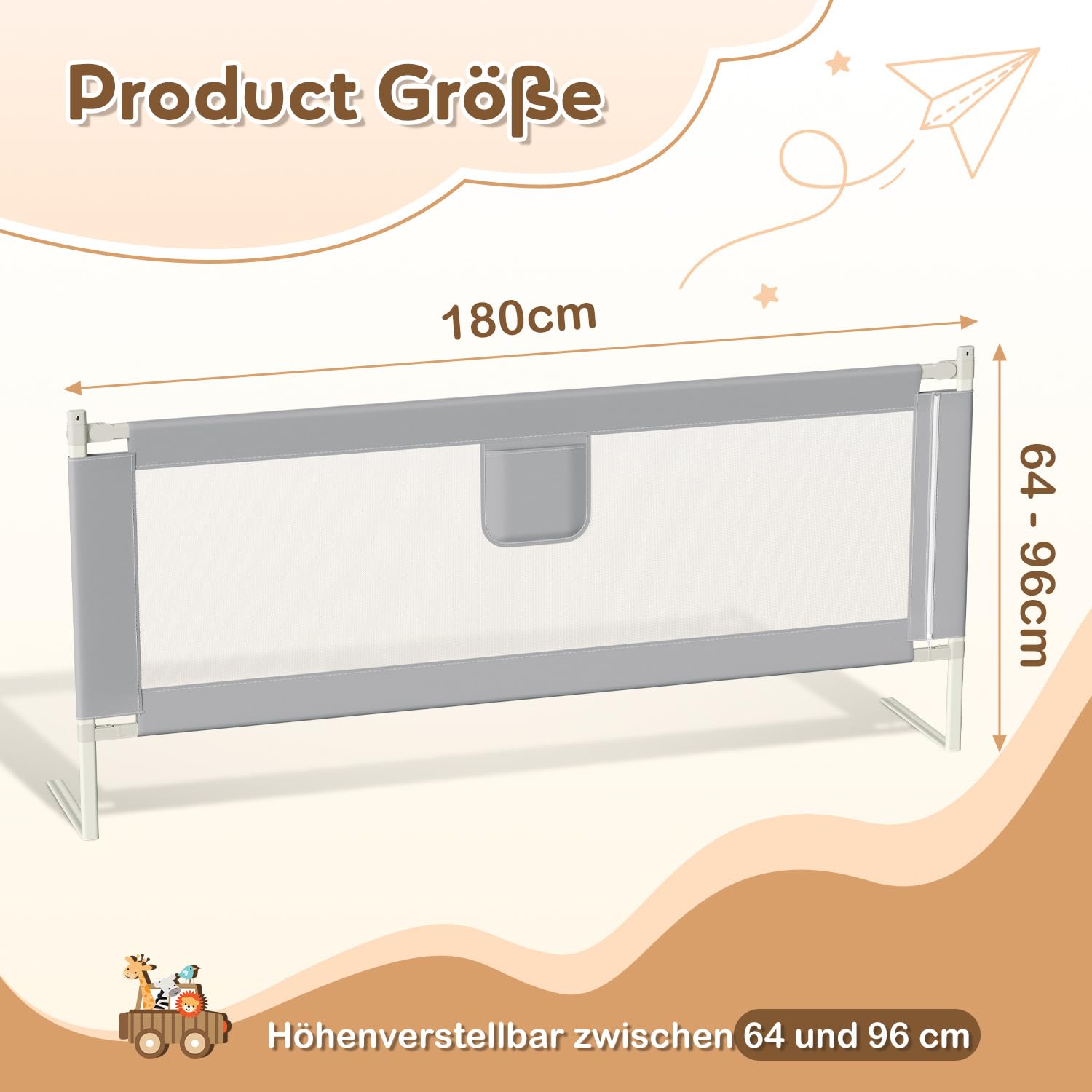 Barrera de cama para bebé, 180 × 80 cm, altura ajustable, barrera protectora para cuna de 64 – 96 cm, con cierre de seguridad, marco de acero resistente, color gris
