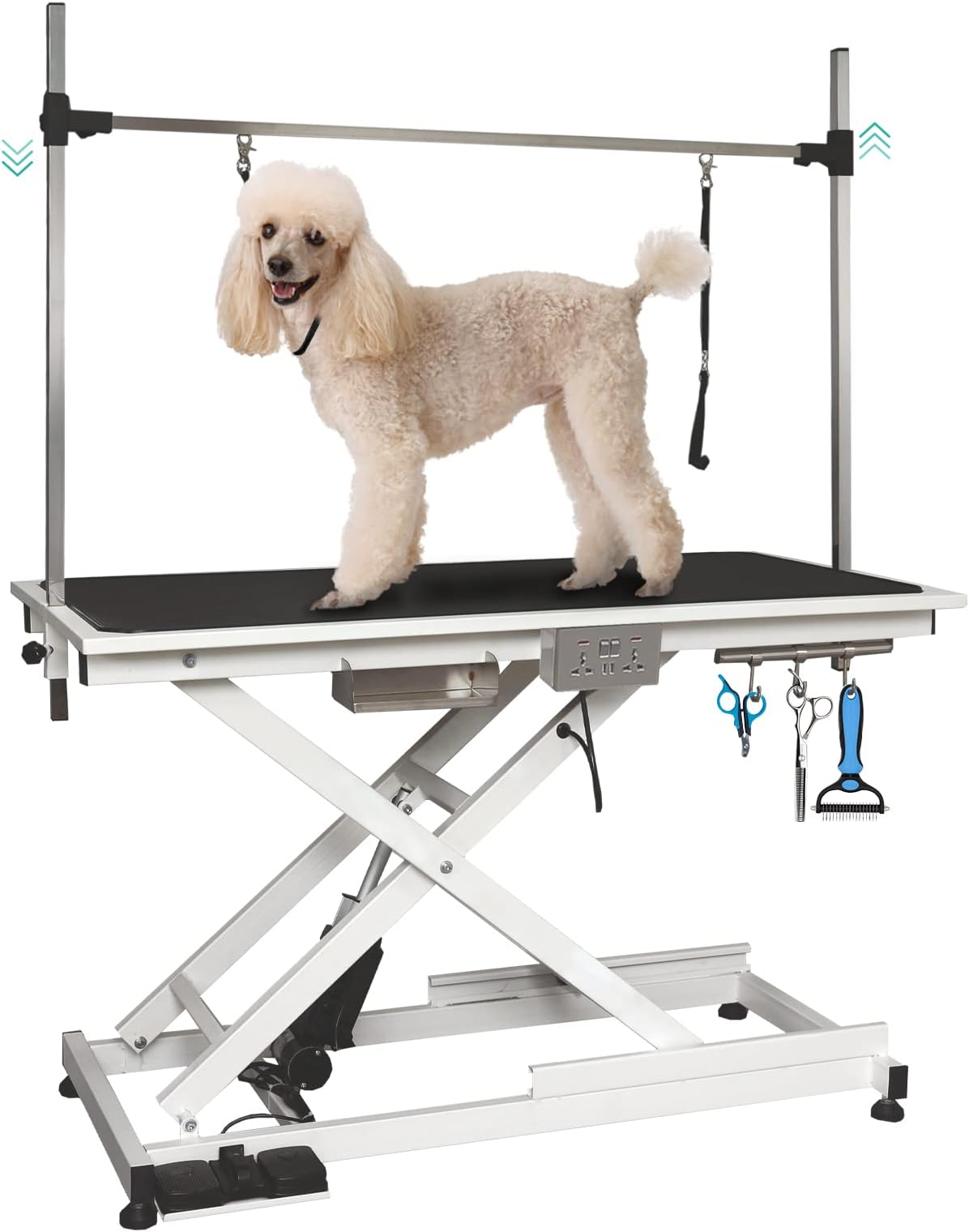 Lyromix Electric Dog Grooming Table, Height Adjustable Large Pet Drying Desktop, Foldable Bathing Desk with Overhead Arm, Clamps & 2 Nooses, Maximum Capacity Up to 440Lbs, 50in, White