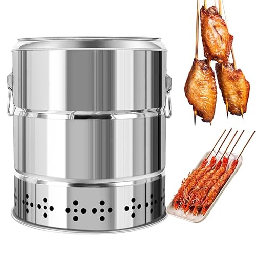 Barbecue sans fumée, baril de charbon de bois en acier inoxydable avec 28 brochettes et accessoires, rôtissage multifonction à 360°
