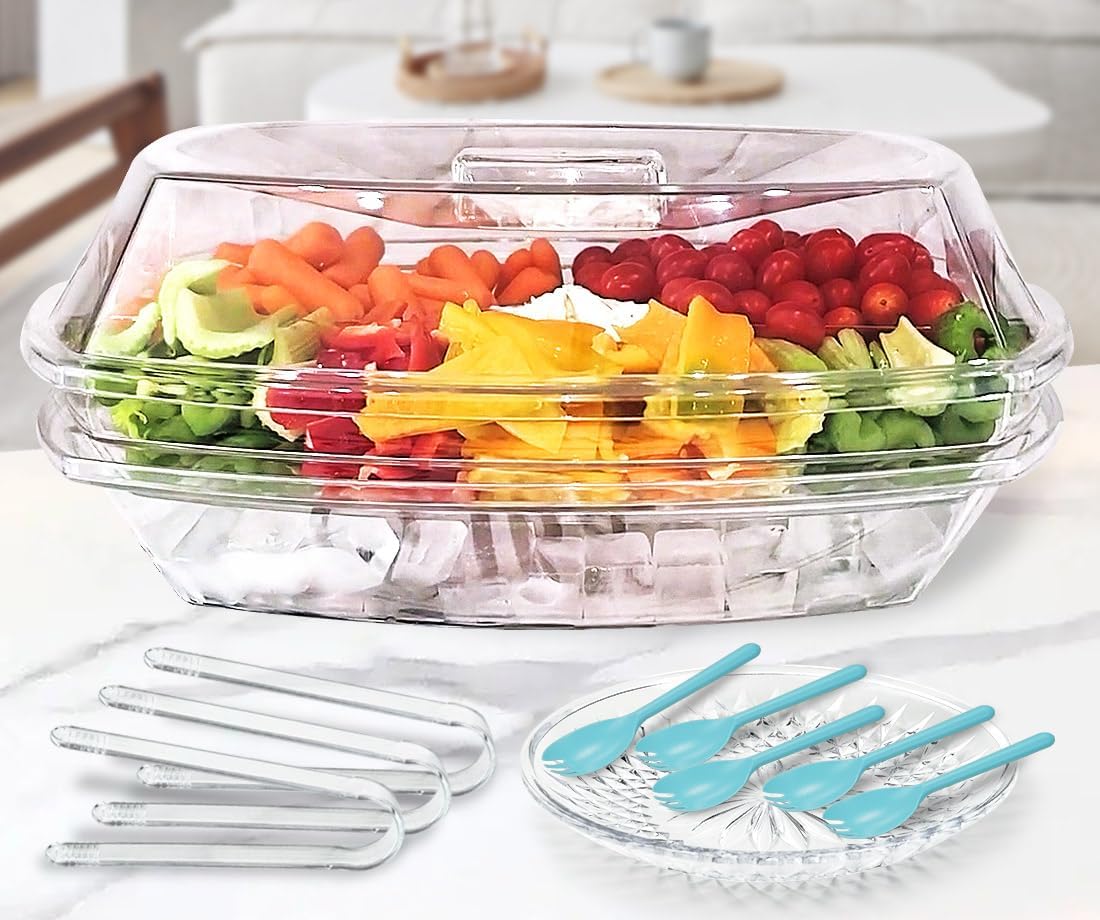 Dorany High-end Veggie Fruit Tray with Lid, Ice Chilled Vegetable Serving Platter with Ice Tray on Bottom, Perfect for Entertaining, Parties and Buffet, Clear