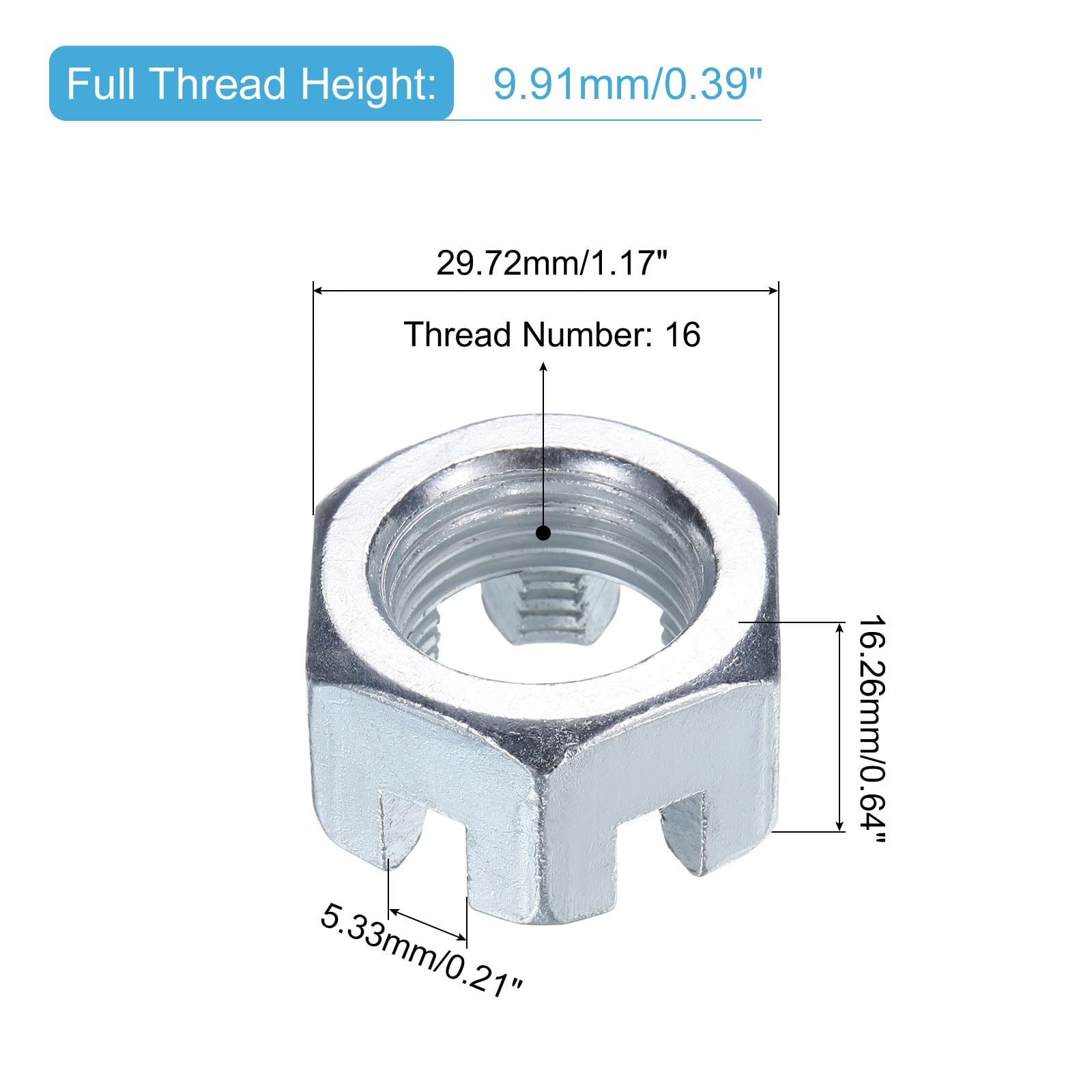 uxcell Tuerca ranurada hexagonal de 3/10.2 cm-16, tuercas hexagonales de acero al carbono chapado en zinc de grado 6.8, buenas para reparación de maquinaria, plata, 12 unidades