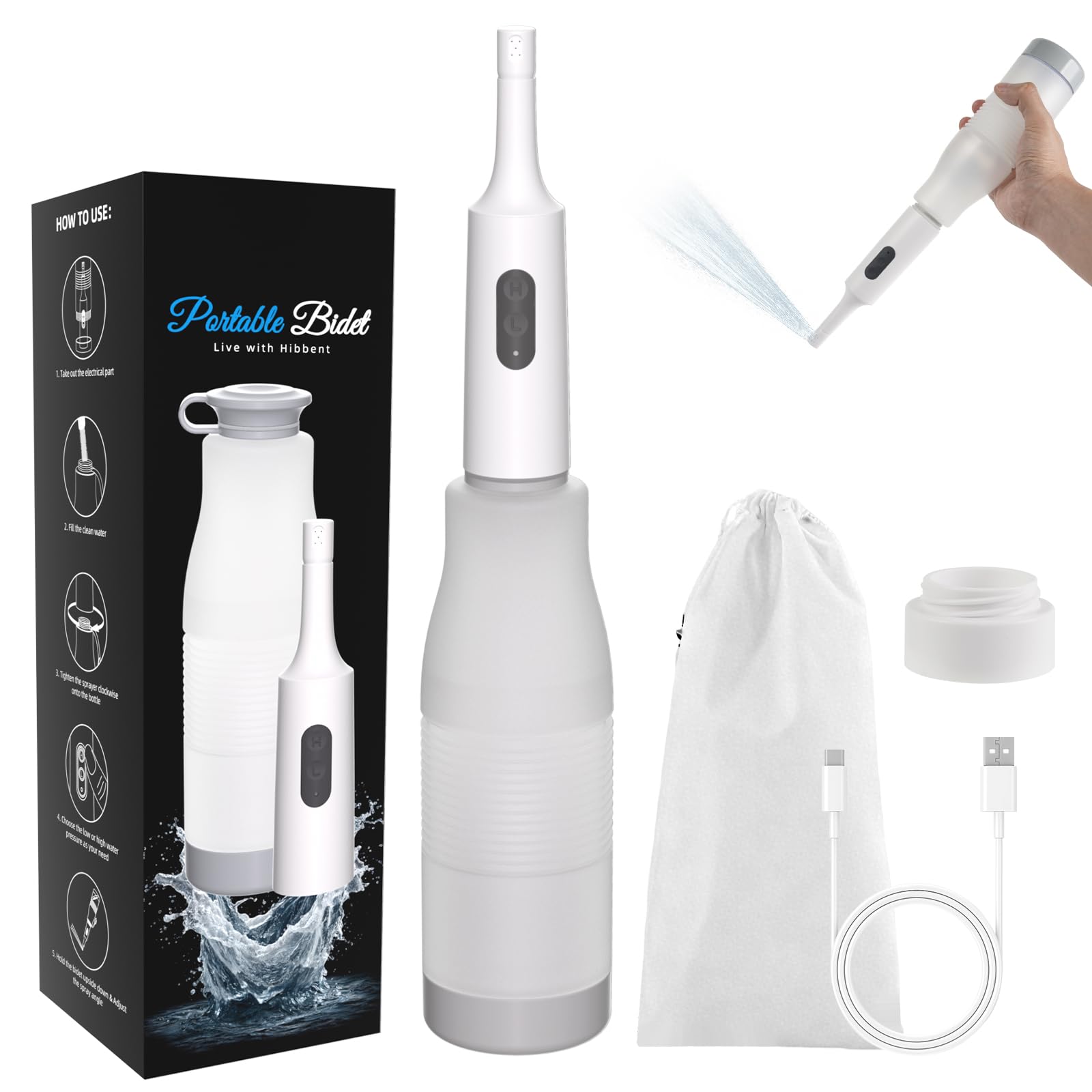 Hibbent Portable Bidet for Travel High Pressure Electric Handheld Bidet Sprayer 350-550ML Expandable Bottle for Personal Hygiene USB-C