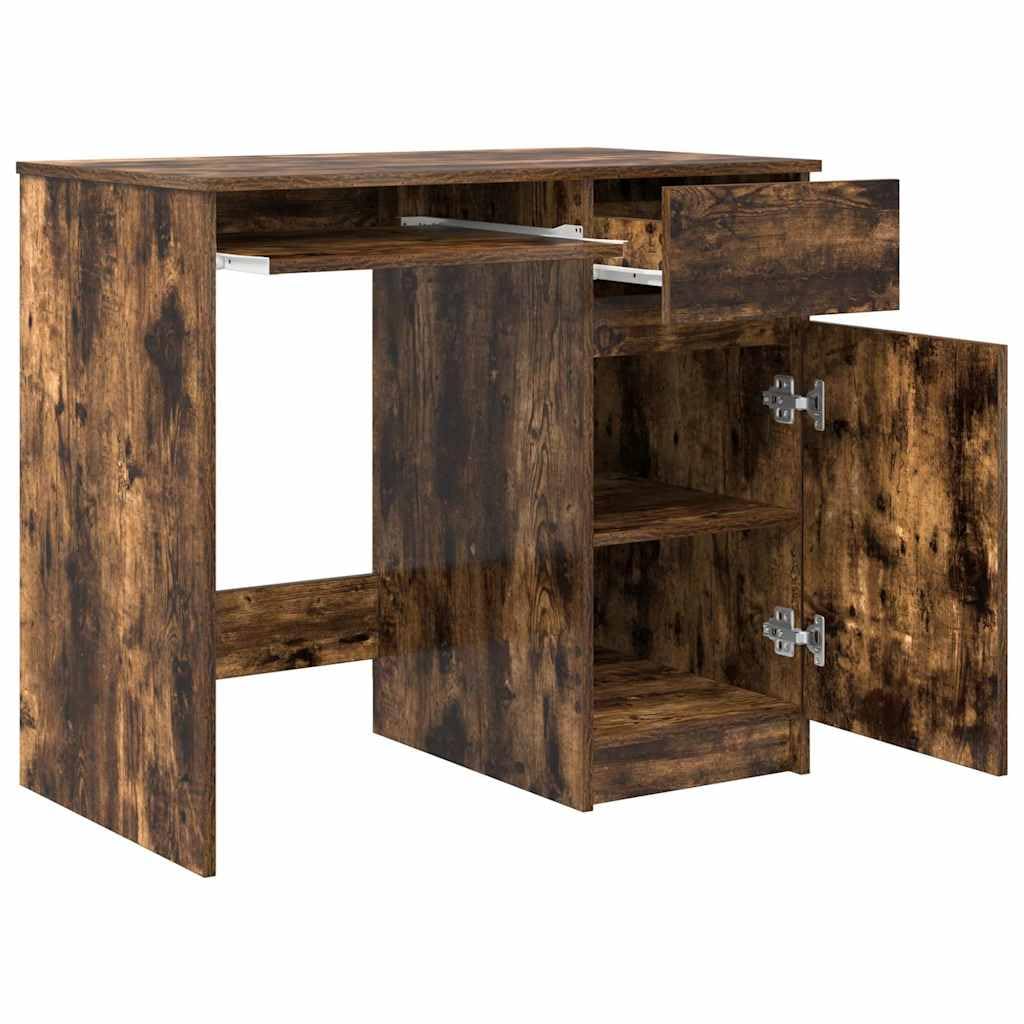 Scrivania in legno di rovere affumicato, con cassetto e mensola, 86 x 49 x 76 cm, per PC, laptop, ufficio, postazione di lavoro, casa, ufficio, spazio per tastiera, monitor da gioco