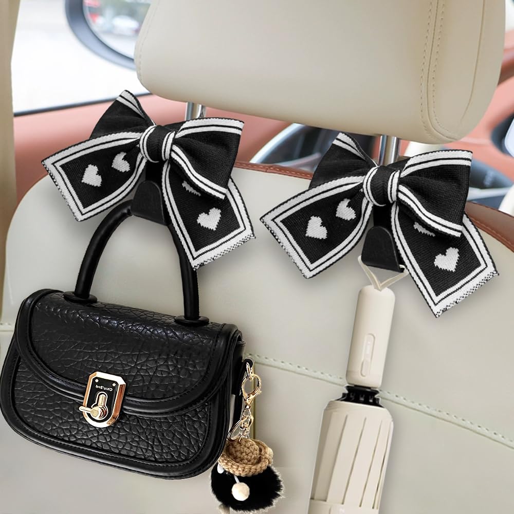 BVGACI 2 Pack Car Purse Hooks, Cute Bow Car Seat Headrest Hook Hanger for Purses and Bags, Car Interior Accessories