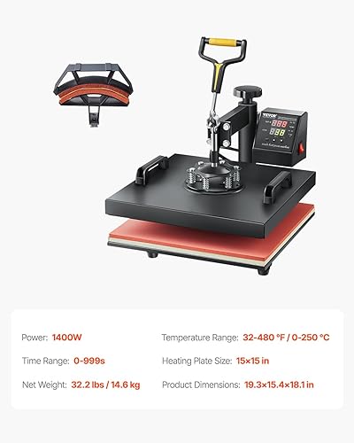 Vista 8 de VEVOR Máquina de prensa de calor 2 en 1 para camisetas y sombreros, máquina de prensa digital profesional de camisetas de 15 x 15 pulgadas