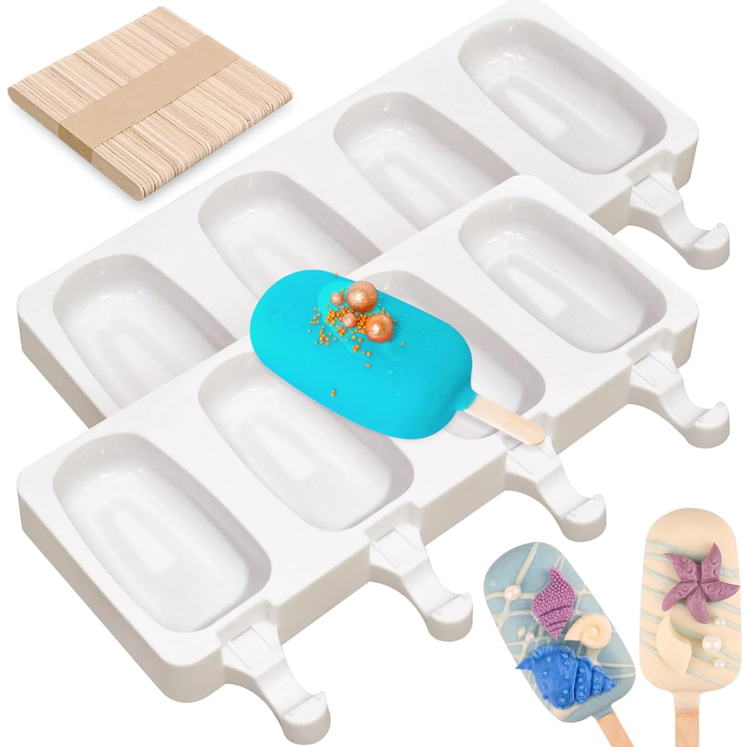 2 Pieces Silicone Ice Cream Mould 4 Cavity, Ice Lolly Mould with 50 Wooden Sticks, DIY Ice Cream Cakesicle Mould, Frozen Dessert Chocolate Popsicle Tray Molds Moulds, for DIY Kitchen Tools