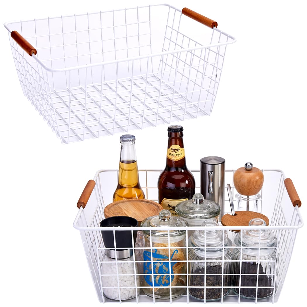 LeleCAT Large white wire baskets with Wooden Handles for storage pantry, Storage Organizer Baskets, Household Refrigerator for Cabinets, Closets,