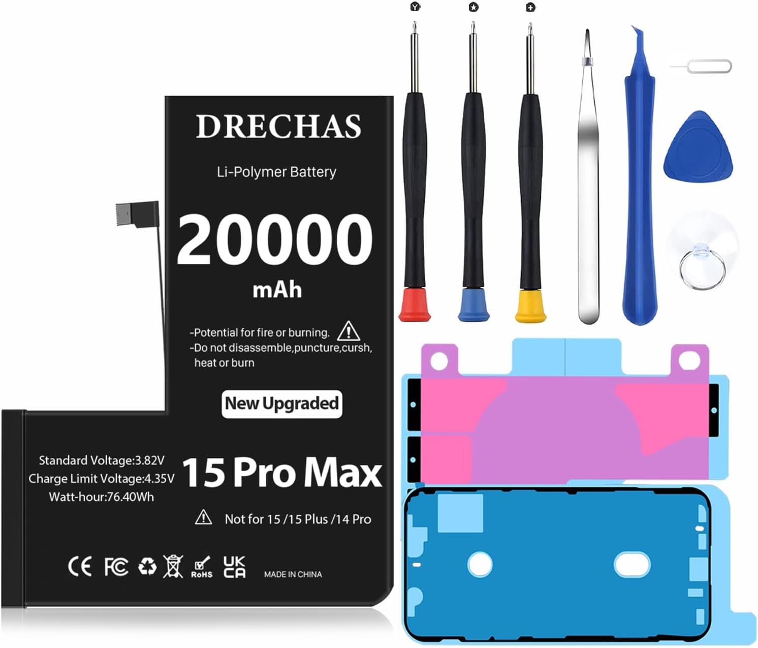 [20000mAh] Battery for iPhone 15 Pro Max, High Capacity 0 Cycle Li-Polymer Replacement Battery for iPhone 15 Pro Max Models A2849 A3105 A3108 A3106 with Complete Professional Repair Tool Kit