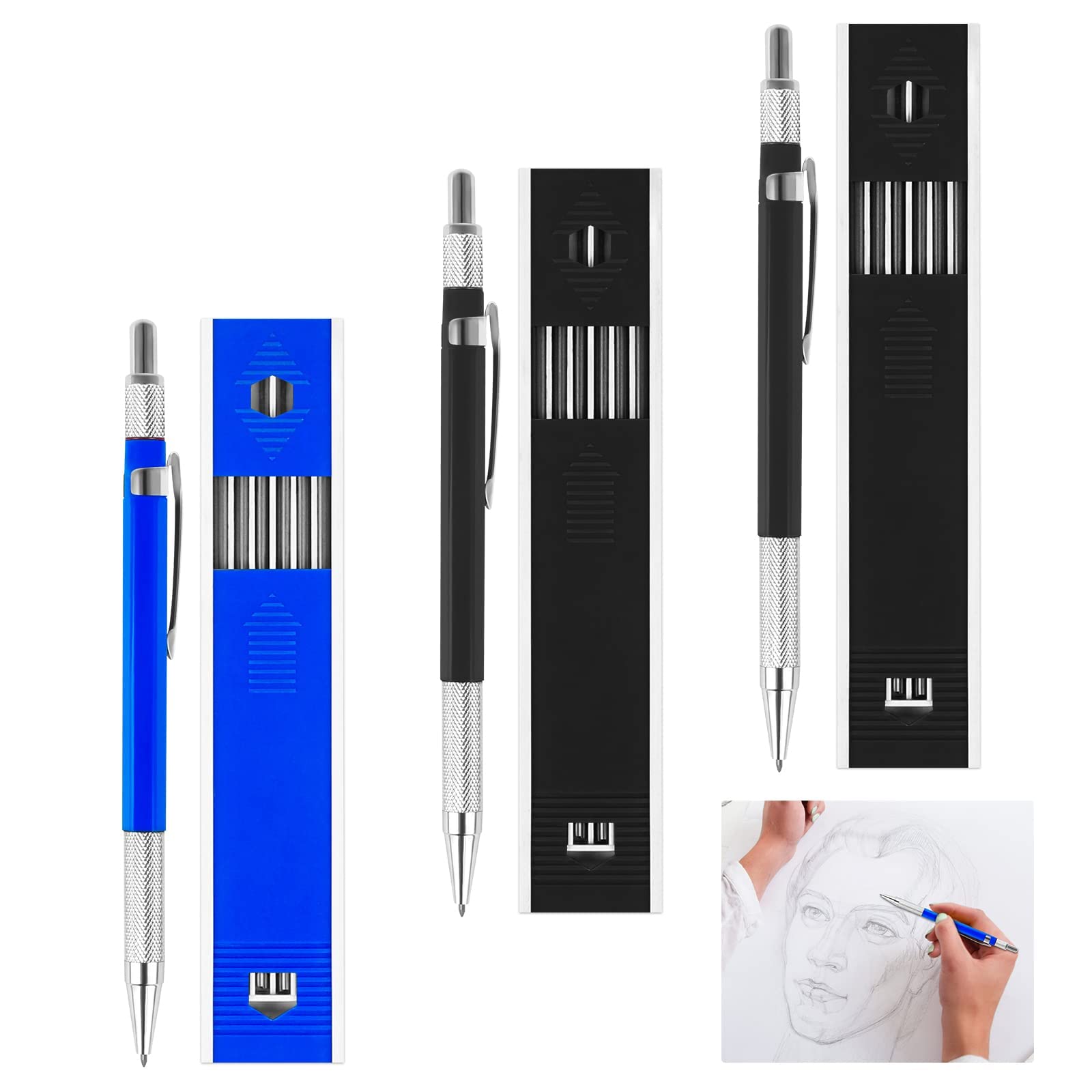 3Pcs Art Mechanical Pencils Set, 2.0mm Propelling Pencils with 3 Boxes Automatic Pencil HB Mechanical Pencils Set with 36Pcs HB Leads Refill for Sketching Crafting Art Drawing (14.5cm Length)