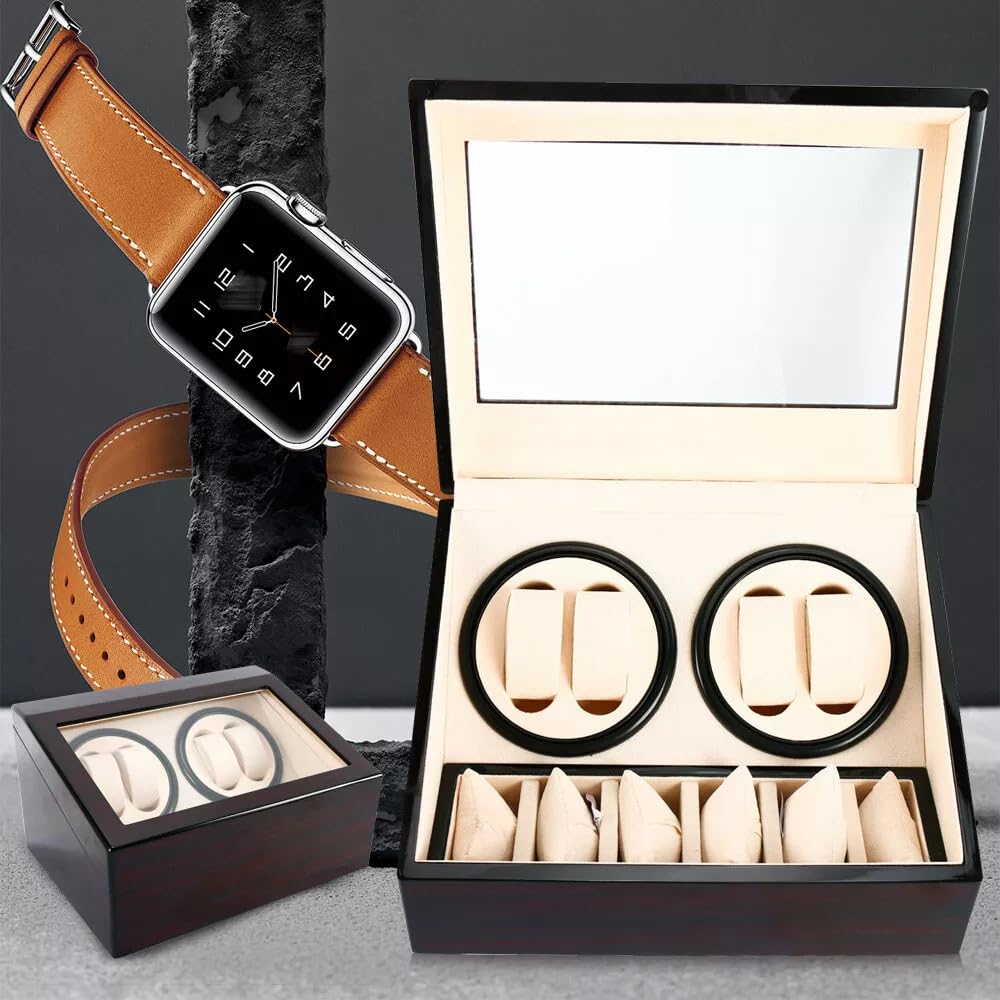 Scatola carica orologi automatica, 4 orologi + 6 spazi extra, in pelle PU, caricatore automatico per orologi automatico, per esterni in legno di sandalo e interni bianchi