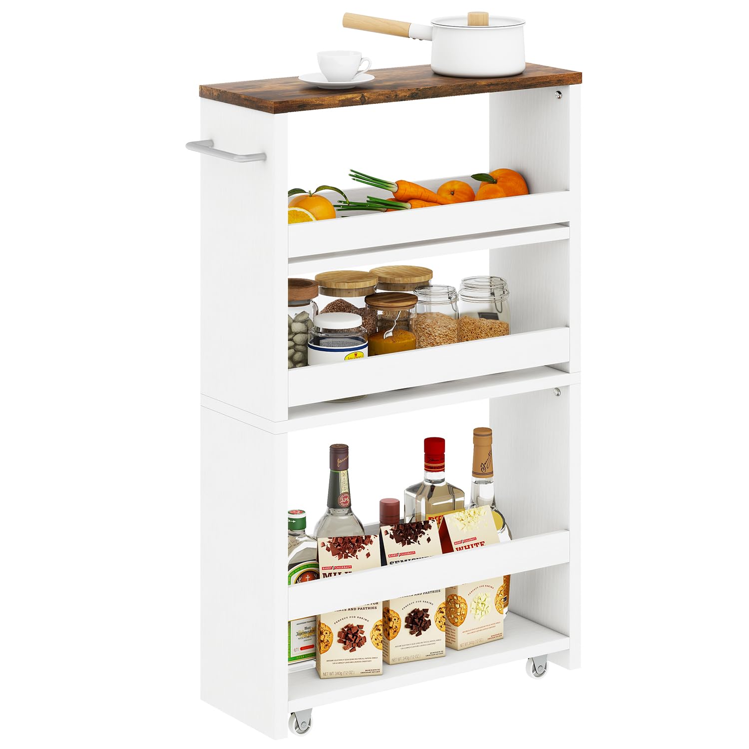 IBUYKE Chariot de rangement fin de 15 cm, chariot de rangement à roulettes pour petits espaces, chariot de rangement étroit à 4 niveaux, chariot utilitaire coulissant pour cuisine, salle de bain