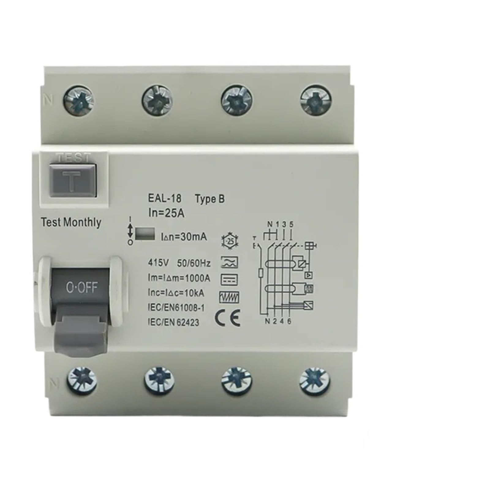 Disyuntor de corriente residual tipo B 4P 32A 300mA para carril DIN