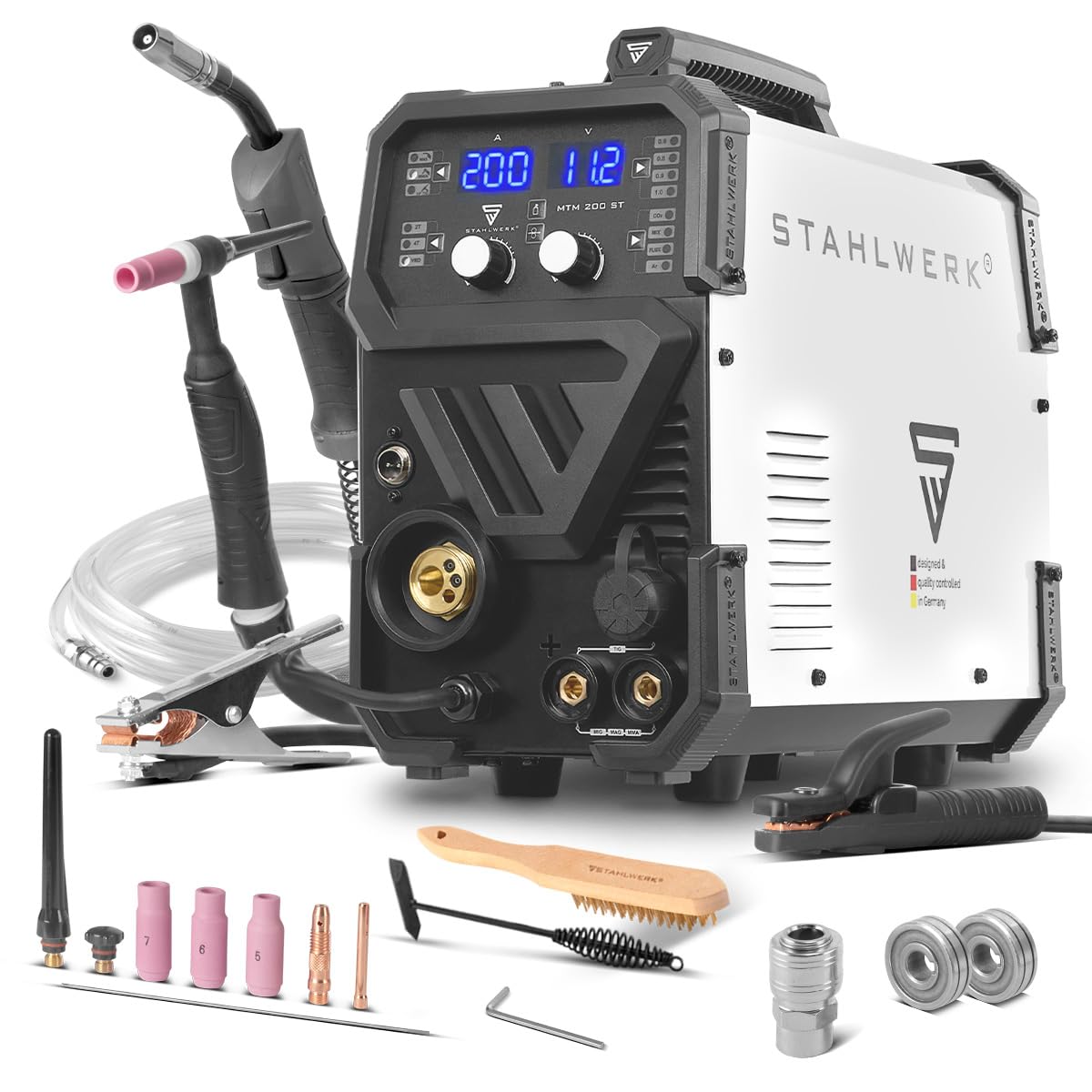 STAHLWERK Saldatrice combinata 3-in-1 MTM-200 ST – Inverter per TIG, MIG/MAG, MMA fino a 200 A, avanzamento sinergico, 4 rulli, per filo animato, acciaio, lamiere sottili