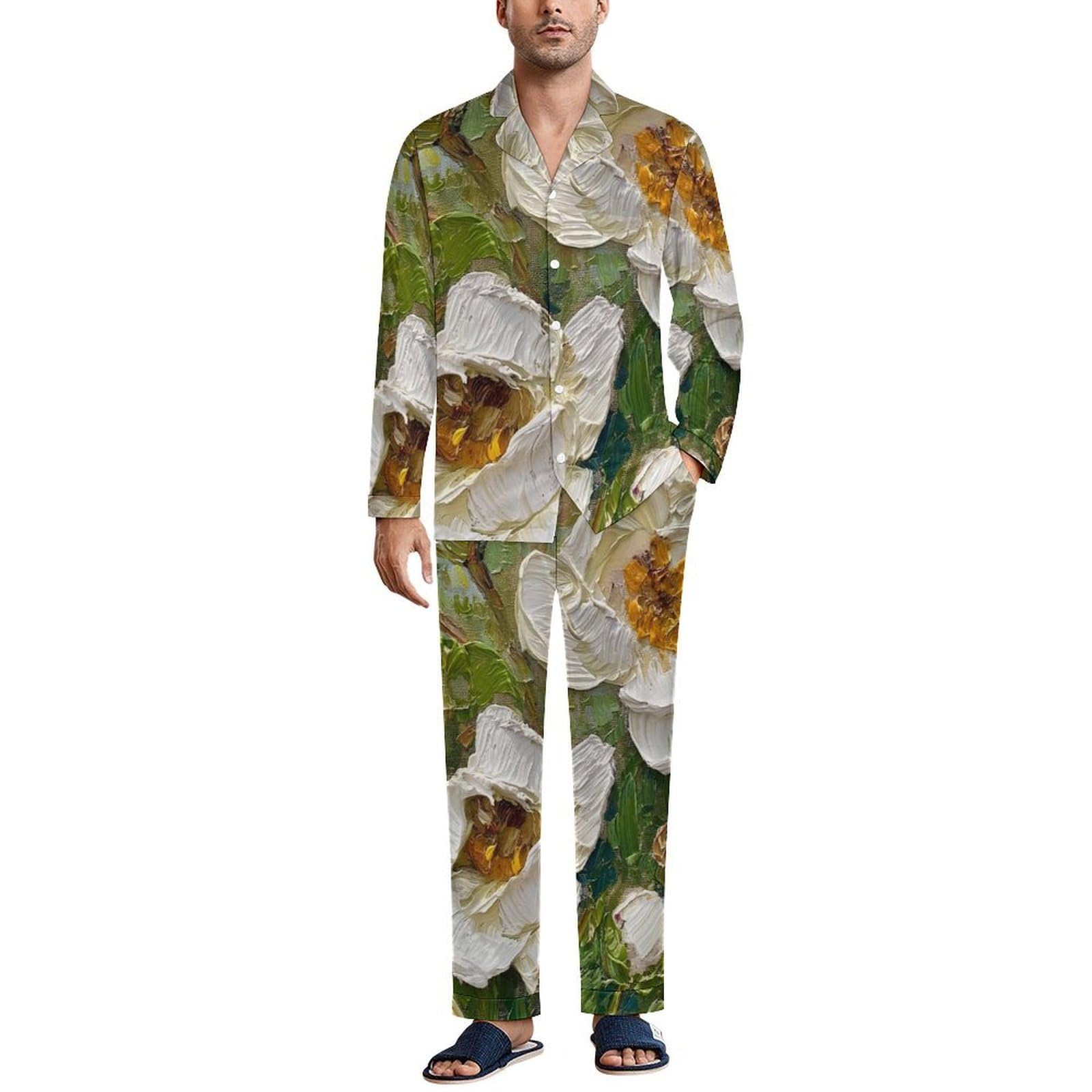 Pigiama da Uomo in Rosa Selvatica Bianca Vintage, Due Pezzi Set Completo con Camicia a Maniche Lunghe Bottoni e Pantaloni con Tasche Abbigliamento Casa Verde