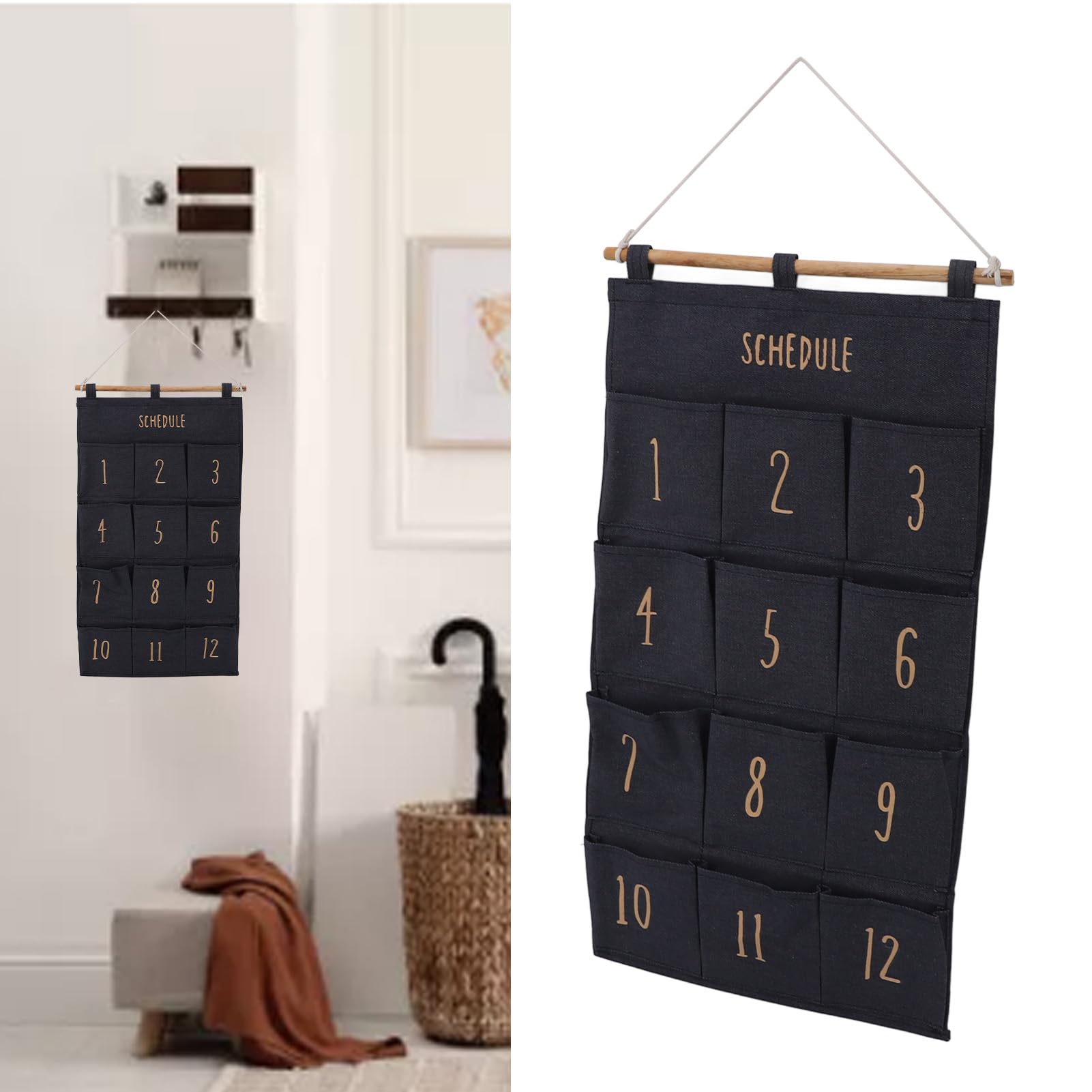 SIXRUN Organizer da Appendere a 12 Tasche, Borsa Portaoggetti da Appendere Alla Parete in Tela con Legno Massello, Organizer Tascabile in Tessuto 37 X 73 Cm per Porta di Camera da Letto, Parete per