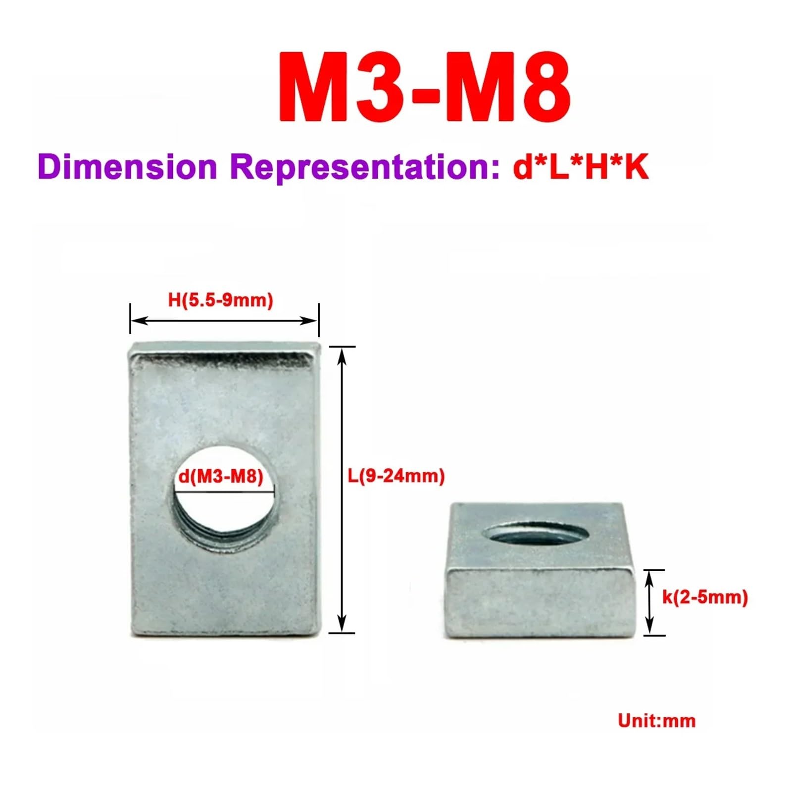 Nakrętki prostokątne ze stali nierdzewnej, Profil aluminiowy Nakrętki prostokątne Blok suwakowy M3 M4 M5 M6 M8 50 szt. 10(50pcs,M6-24x12x2.5mm)