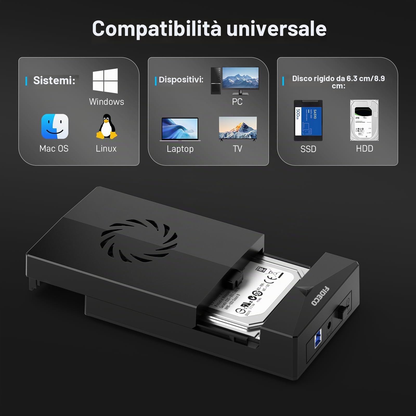 FIDECO Custodia per Disco Rigido 3.5", USB 3.0 Case Hard Disk Esterno, Case Disco Rigido per Disco Rigido SATA da 2,5"/3,5", Supporta l'UASP