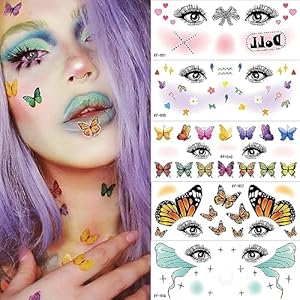 10 Sheets Cute Butterfly Temporary Tattoos for Women Girls Butterflies Flowers Moon Star Heart Colorful Face Art Tattoos Sticker Fake Tattoos Decals Accessories for Eye Body Makeup Festival Parties