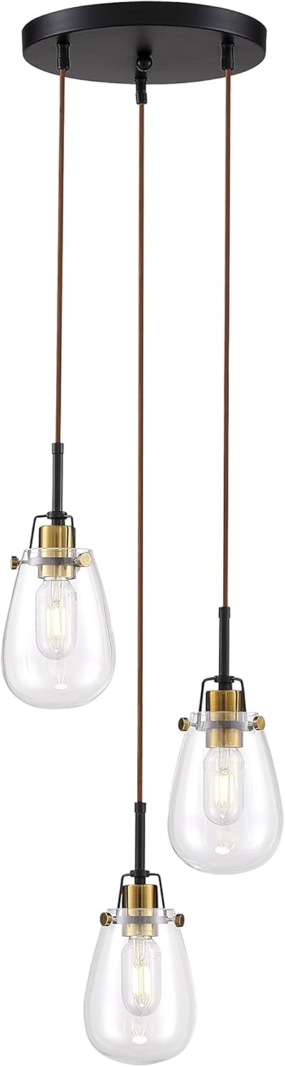 Nuvo 60/6853 Toleo Chandelier Black Finish with Vintage Brass Accents and Clear Glass, 3 Light Nuvo 60/6853 Toleo Chandelier Black Finish with Vintage Brass Accents and Clear Glass, 3 Light