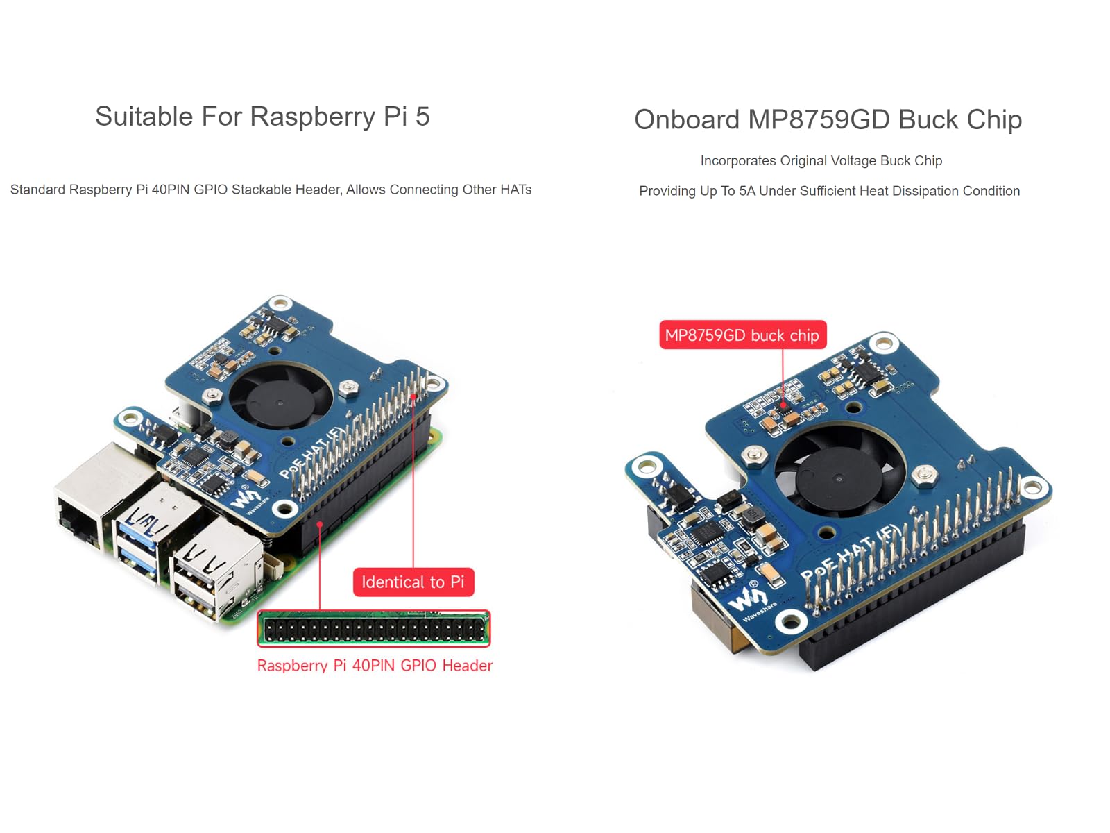 POE Hat (F) for Raspberry Pi 5, 802.3af/at-Compliant, Power Over Ethernet Hat Expansion Board for Raspberry Pi 5, with Metal Heatsink,Onboard Cooling Fan