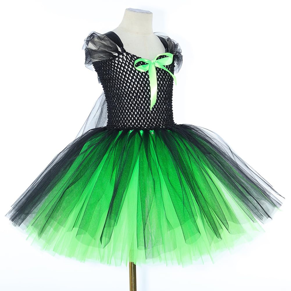 AGYMNX Witch Green Costume Kids Halloween Costume for Girls Dress + Hat + Broom 3 Pieces for 2-12 years Kids Girl Carnival Halloween Cosplay Black Green 8-9Years - Image 3