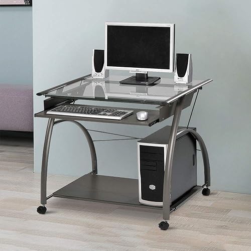 Miniatura 2 de SSLine Escritorio para computadora con ruedas, mesa compacta para computadora portátil, estación de trabajo con bandeja para teclado, escritorio de