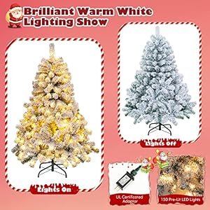 Nightcore 4.5FT Pre-Lit Artificial Christmas Tree, Snow Flocked Hinged Pine Tree w/ 295 Branches Tips & 150 LED Lights, Portable Metal Base, Perfect Decoration for Home Office Party (4.5 ft Green) Nightcore 45FT Pre Lit Artificial Christmas Tree Snow Flocked Hinged Pine Tree w 295 Branches Tips 150 LED Lights Portable Metal Base Perfect Decoration for Home Office Party 45 ft Green